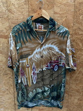 Vintage 90s rayon beach surfer scene pattern Hawaiian shirt size large